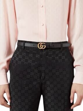 Gucci GG Logo Buckle Marmont Thin Belt Black Smooth Leather Size 80cm/32"